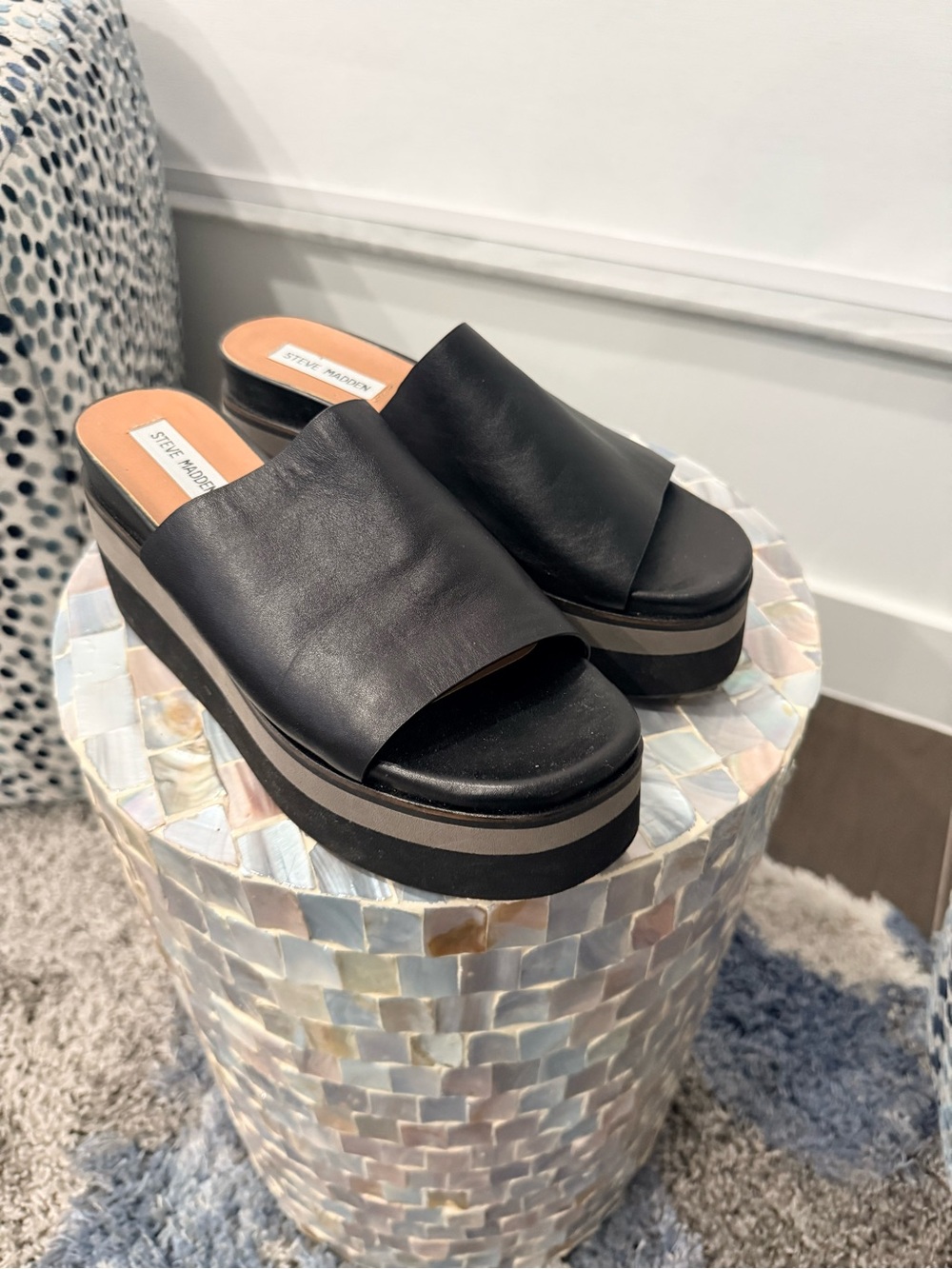 Steve Madden Black Leather Platform Wedge Slides with Taupe Stripe